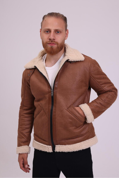 Men's Tan Faux Fur Detailed Leather Jacket -FN204440 - 1