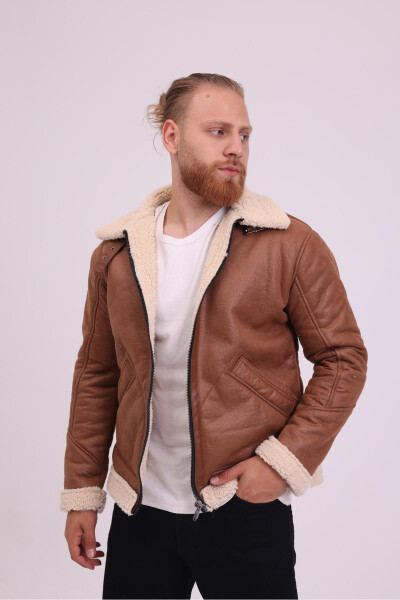 Men's Tan Faux Fur Detailed Leather Jacket -FN204440 - 2