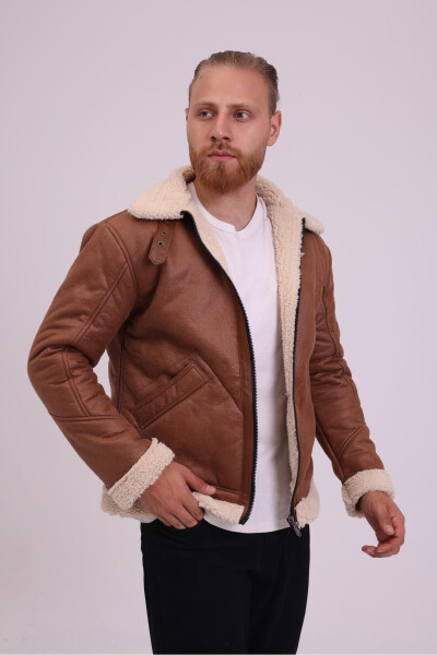 Men's Tan Faux Fur Detailed Leather Jacket -FN204440 - 3