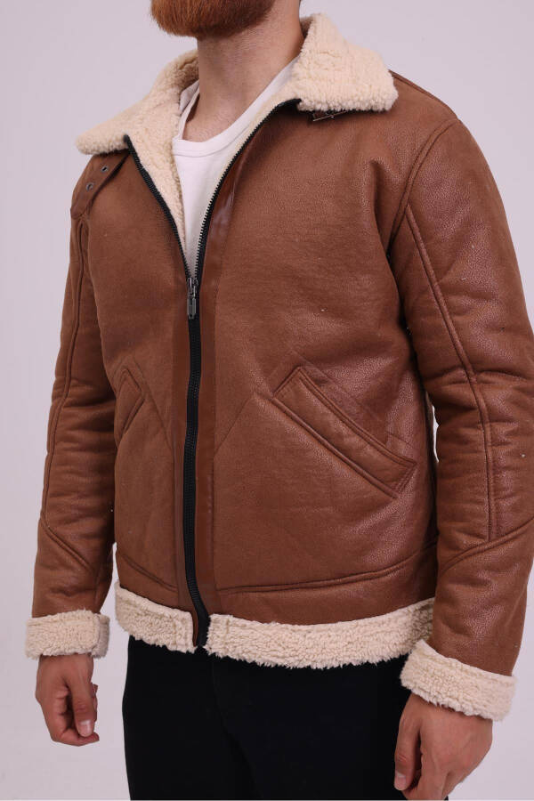 Men's Tan Faux Fur Detailed Leather Jacket -FN204440 - 4