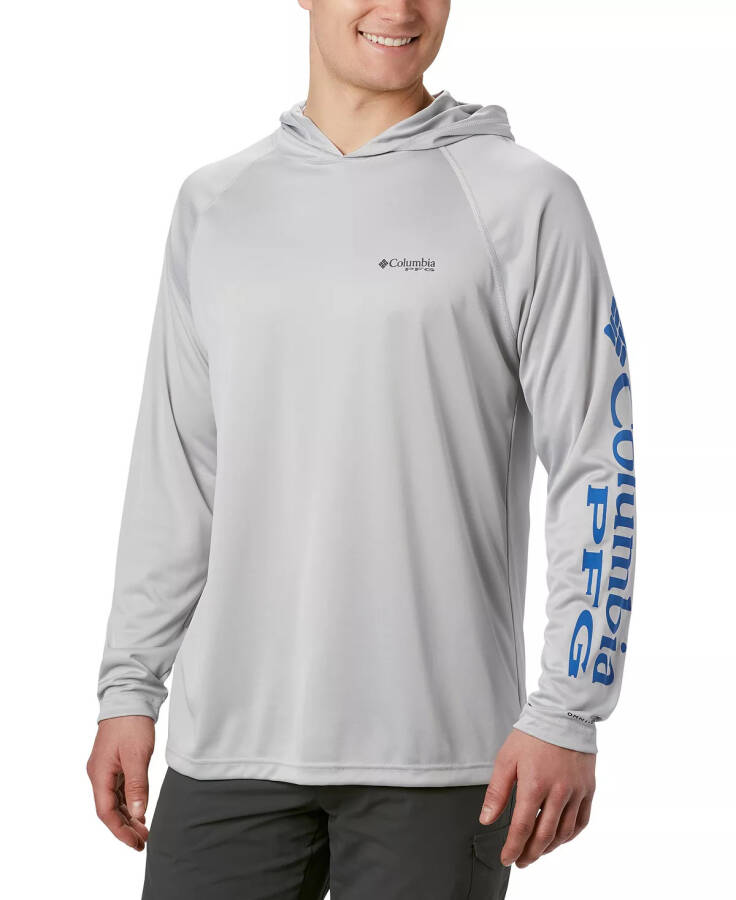 Men's Terminal Tackle UPF 50 Hoodie Cool Grey, Vivid Blue Logo - 1