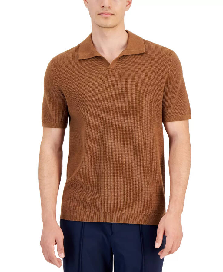 Men's Textured Waffle-Knit Short Sleeve Open Collar Polo Sweater, Created for Modazone Timber - 1