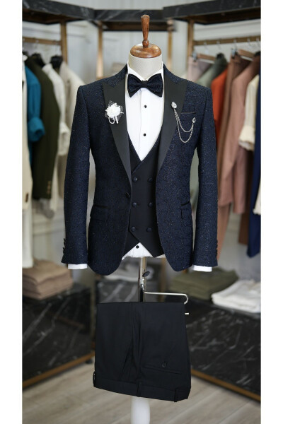 Men's Tuxedo Groom Suit Jacquard Swallowtail Collar Italian Cut Slim Fit Jacket Vest Pants Bow Tie - 9