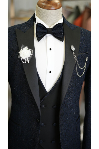 Men's Tuxedo Groom Suit Jacquard Swallowtail Collar Italian Cut Slim Fit Jacket Vest Pants Bow Tie - 10