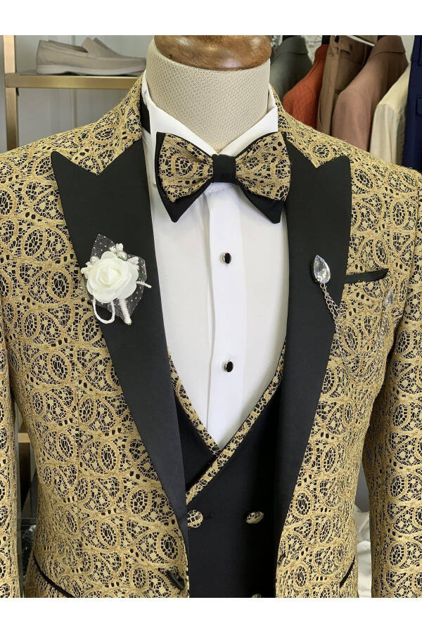 Men's Tuxedo Groom Suit Jacquard Swallowtail Collar Italian Cut Slim Fit Jacket Vest Pants Bow Tie - 11