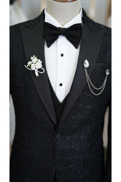 Men's Tuxedo Groom Suit Jacquard Swallowtail Collar Italian Cut Slim Fit Jacket Vest Pants Bow Tie - 9