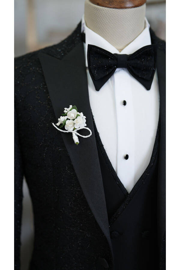 Men's Tuxedo Groom Suit Jacquard Swallowtail Collar Italian Cut Slim Fit Jacket Vest Pants Bow Tie - 11