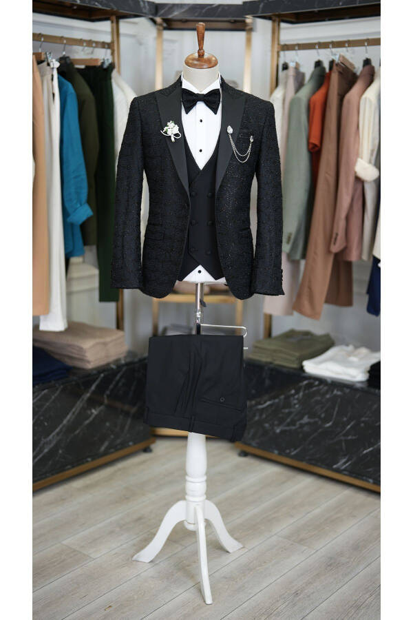 Men's Tuxedo Groom Suit Jacquard Swallowtail Collar Italian Cut Slim Fit Jacket Vest Pants Bow Tie - 13