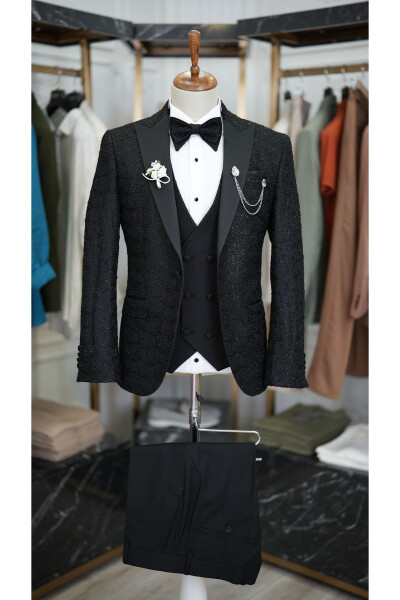 Men's Tuxedo Groom Suit Jacquard Swallowtail Collar Italian Cut Slim Fit Jacket Vest Pants Bow Tie - 14