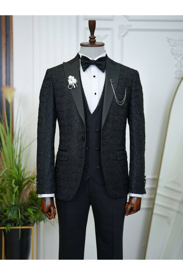 Men's Tuxedo Groom Suit Jacquard Swallowtail Collar Italian Cut Slim Fit Jacket Vest Pants Bow Tie - 1