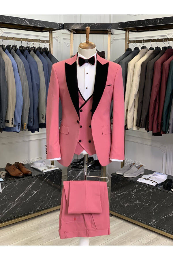 Men's Tuxedo Groom Suit Shawl Collar Velvet Italian Style Slim Fit Jacket Vest Pants Bow Tie - Pink - 1