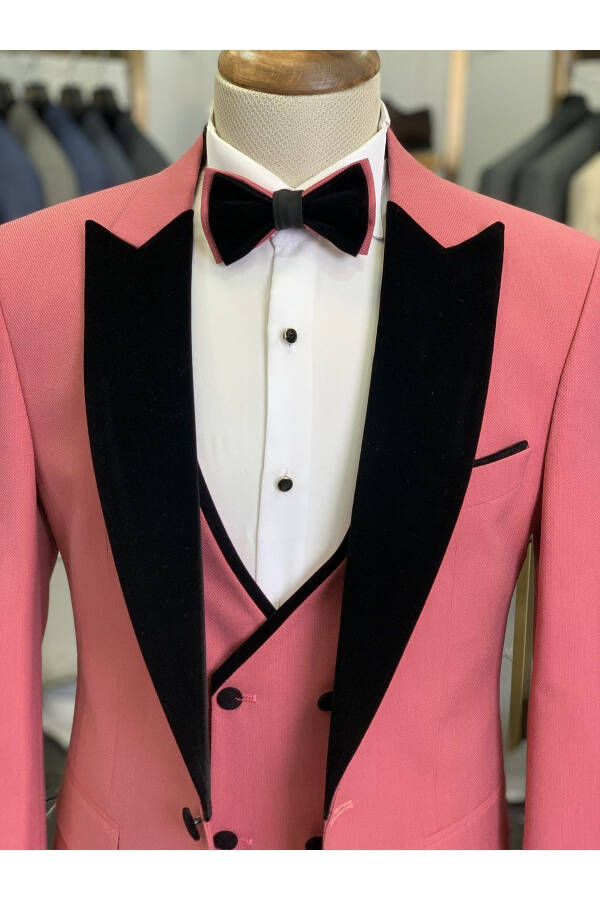 Men's Tuxedo Groom Suit Shawl Collar Velvet Italian Style Slim Fit Jacket Vest Pants Bow Tie - Pink - 2