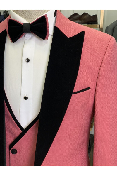 Men's Tuxedo Groom Suit Shawl Collar Velvet Italian Style Slim Fit Jacket Vest Pants Bow Tie - Pink - 3