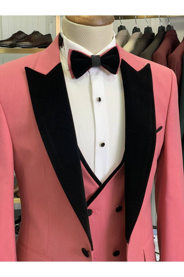 Men's Tuxedo Groom Suit Shawl Collar Velvet Italian Style Slim Fit Jacket Vest Pants Bow Tie - Pink - 4