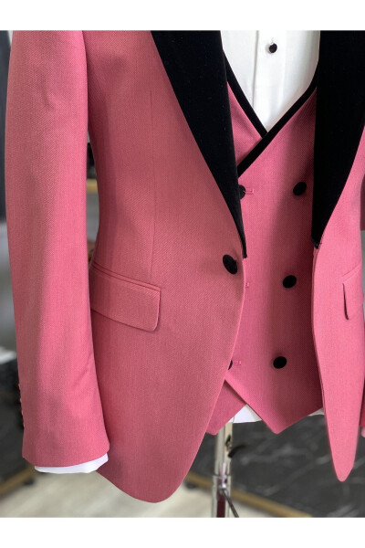 Men's Tuxedo Groom Suit Shawl Collar Velvet Italian Style Slim Fit Jacket Vest Pants Bow Tie - Pink - 5