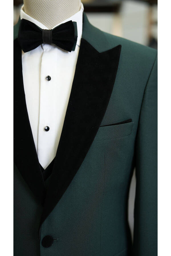 Men's Tuxedo Groom Suit Swallow Velvet Collar Italian Style Slim Fit Jacket Vest Pants Bow Tie - Khaki - 3