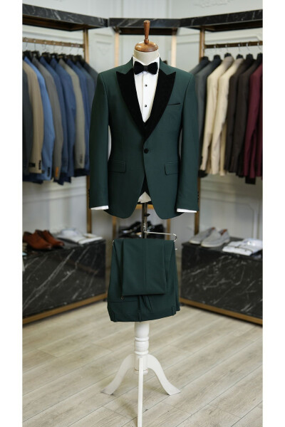 Men's Tuxedo Groom Suit Swallow Velvet Collar Italian Style Slim Fit Jacket Vest Pants Bow Tie - Khaki - 7