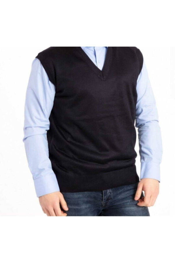 Men's V-Neck Fine Wool Knit Navy Blue Sweater - 2