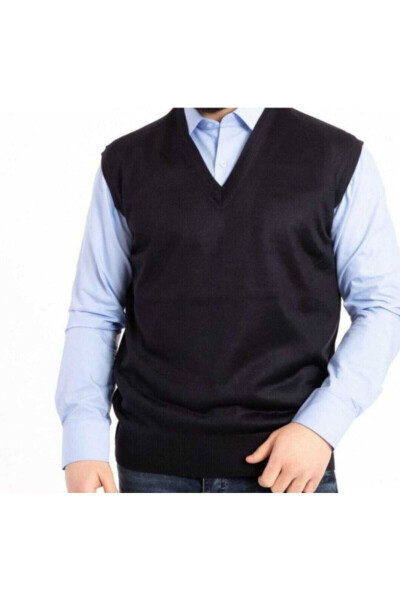 Men's V-Neck Fine Wool Knit Navy Blue Sweater - 4