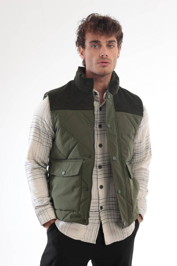 Men's Velvet Detail Puffer Vest (Khaki) - 1