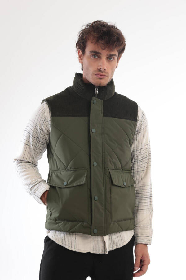 Men's Velvet Detail Puffer Vest (Khaki) - 3