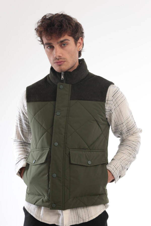 Men's Velvet Detail Puffer Vest (Khaki) - 4