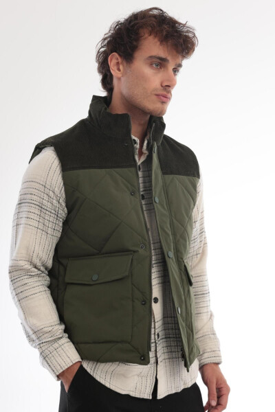 Men's Velvet Detail Puffer Vest (Khaki) - 5