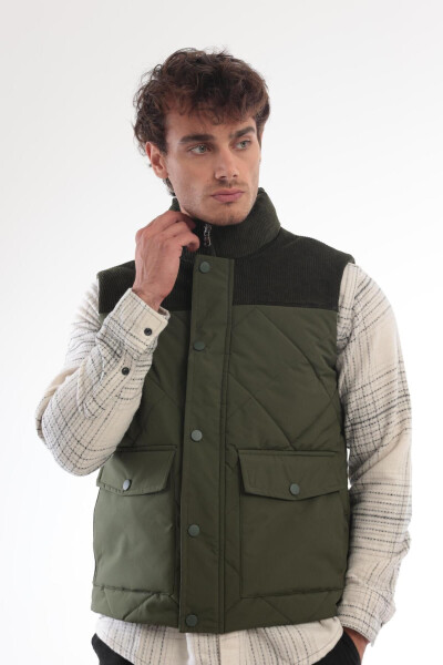 Men's Velvet Detail Puffer Vest (Khaki) - 6