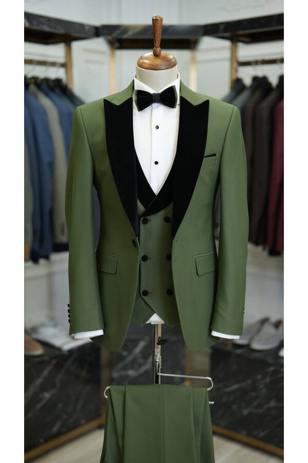 Men's Velvet Tuxedo Groom Suit with Shawl Collar Italian Style Slim Fit Jacket Vest Pants Bow Tie - 1