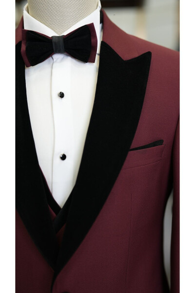 Men's Velvet Tuxedo Suit with Shawl Collar Italian Style Slim Fit Jacket Vest Pants Bow Tie - 3