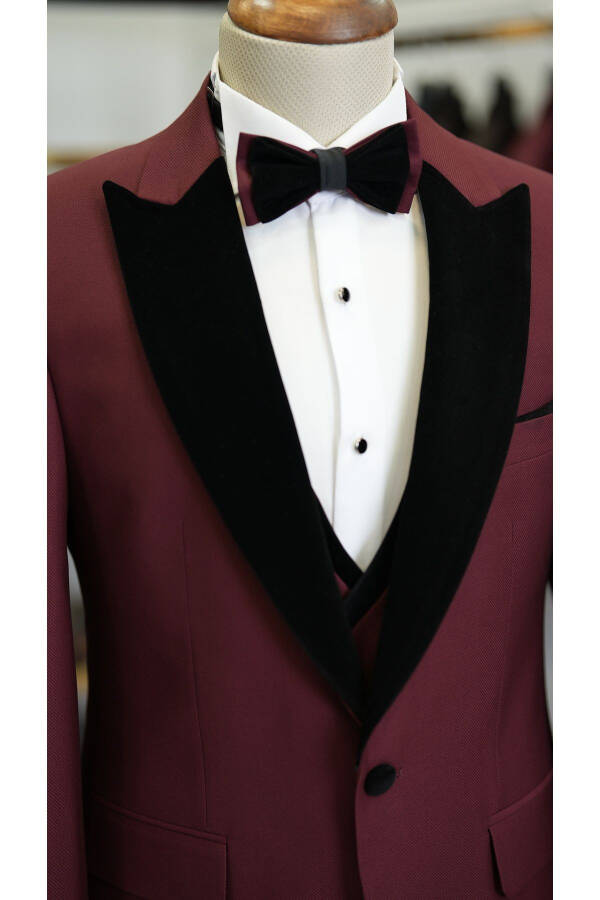 Men's Velvet Tuxedo Suit with Shawl Collar Italian Style Slim Fit Jacket Vest Pants Bow Tie - 4