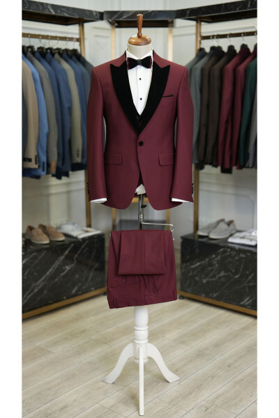 Men's Velvet Tuxedo Suit with Shawl Collar Italian Style Slim Fit Jacket Vest Pants Bow Tie - 7