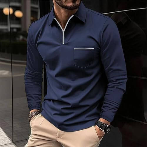 Men's Vintage Knit Polo Shirts Long Sleeve Slim Fit Ribbed Golf Shirts Striped Tops with Pocket - 2