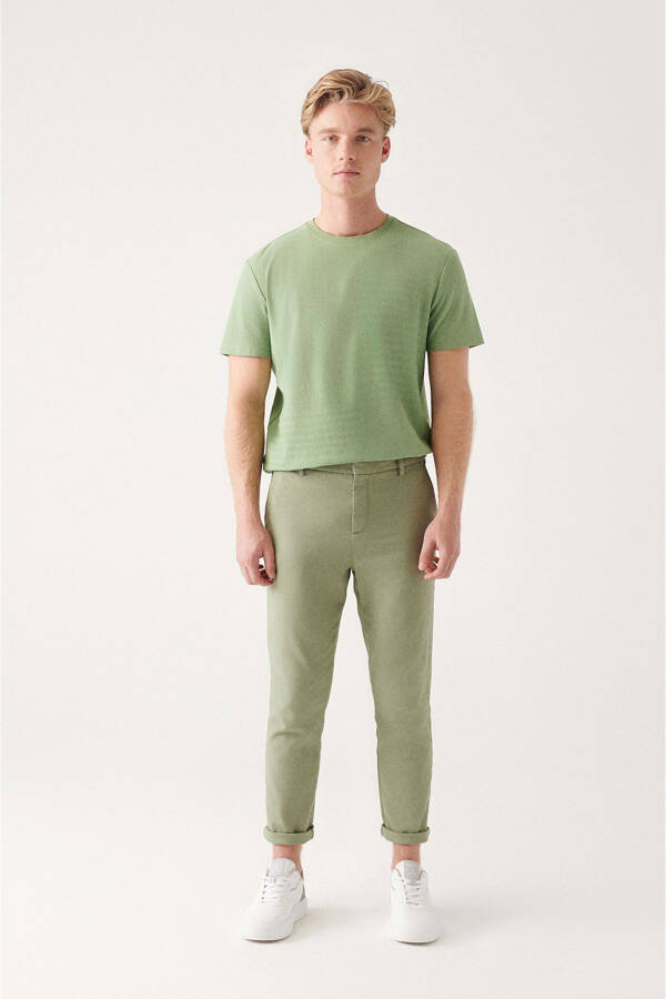 Men's Water Green Side Pocket Back Elastic Waist Linen Textured Relaxed Fit Chino Pants - 6