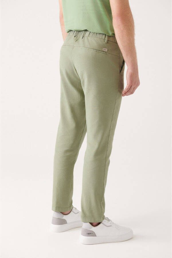 Men's Water Green Side Pocket Back Elastic Waist Linen Textured Relaxed Fit Chino Pants - 8