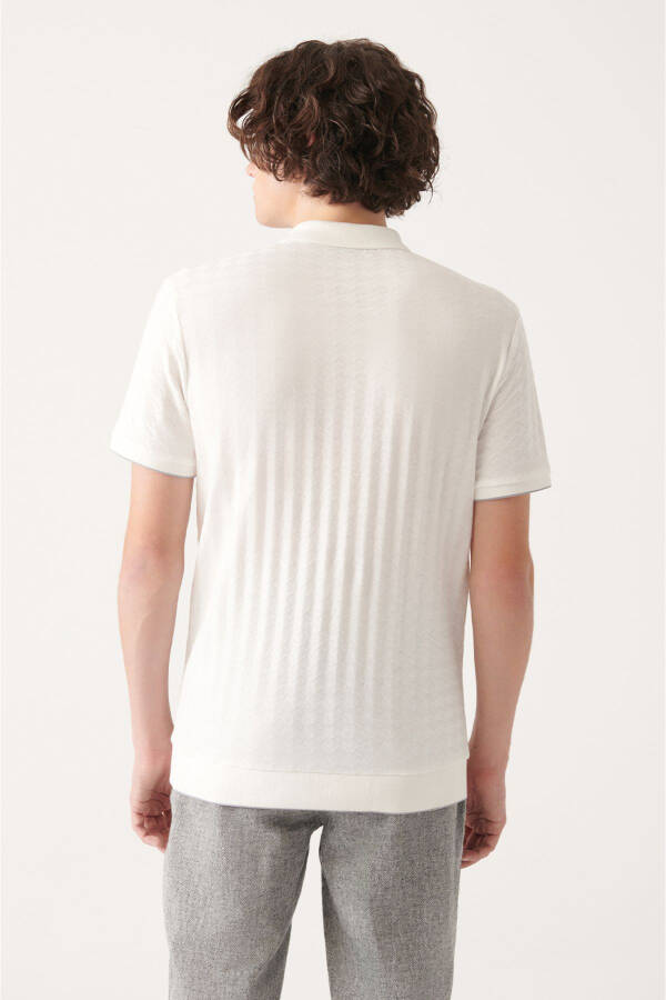 Men's White 100% Cotton Zipper Polo Neck Jacquard Slim Fit T-shirt - 9