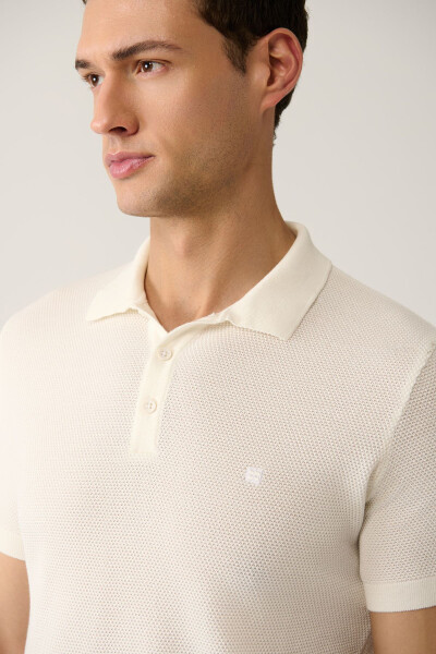 Men's White 3 Button Modal Polo Collar Knit T-shirt Textured Ribbed Regular Fit B005009 - 8