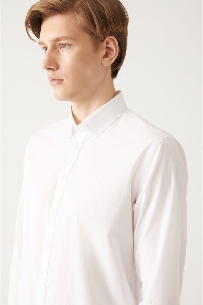 Men's White Button-Down Collar Basic 100% Cotton Slim Fit Shirt B002030 - 12