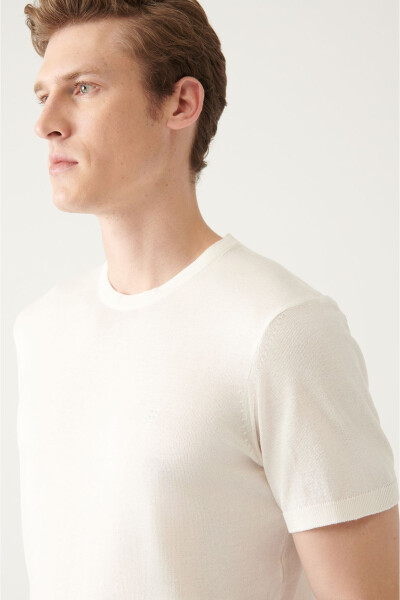 Men's White Crew Neck Regular Fit Ribbed Knit T-shirt A31y5133 - 2