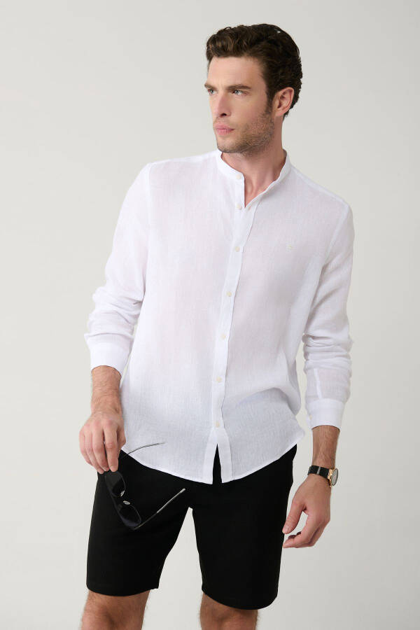 Men's White Dress Shirt, Mandarin Collar, 100% Linen, Regular Fit B002035 - 4