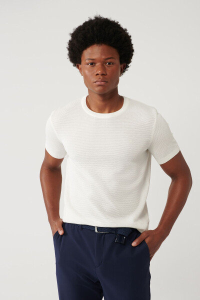 Men's White Modal Knit T-shirt Crew Neck Textured Ribbed Regular Fit B005010 - 7