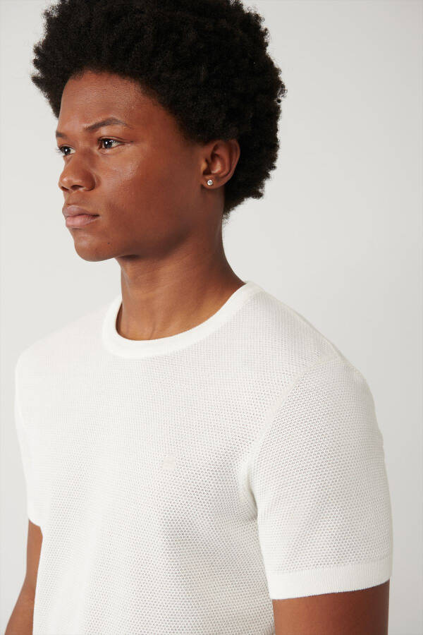 Men's White Modal Knit T-shirt Crew Neck Textured Ribbed Regular Fit B005010 - 8