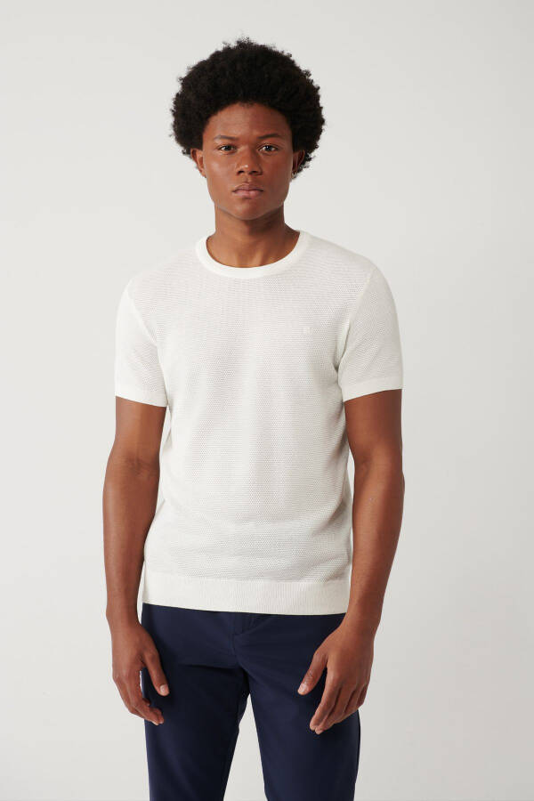 Men's White Modal Knit T-shirt Crew Neck Textured Ribbed Regular Fit B005010 - 9