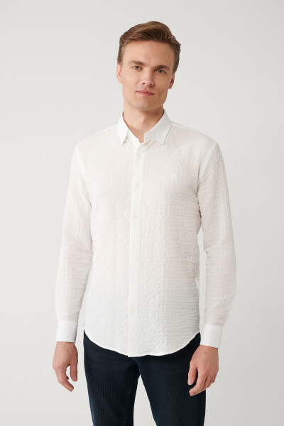 Men's White Shirt with British Collar, Waffle Texture, Regular Fit A41y2060 - 6