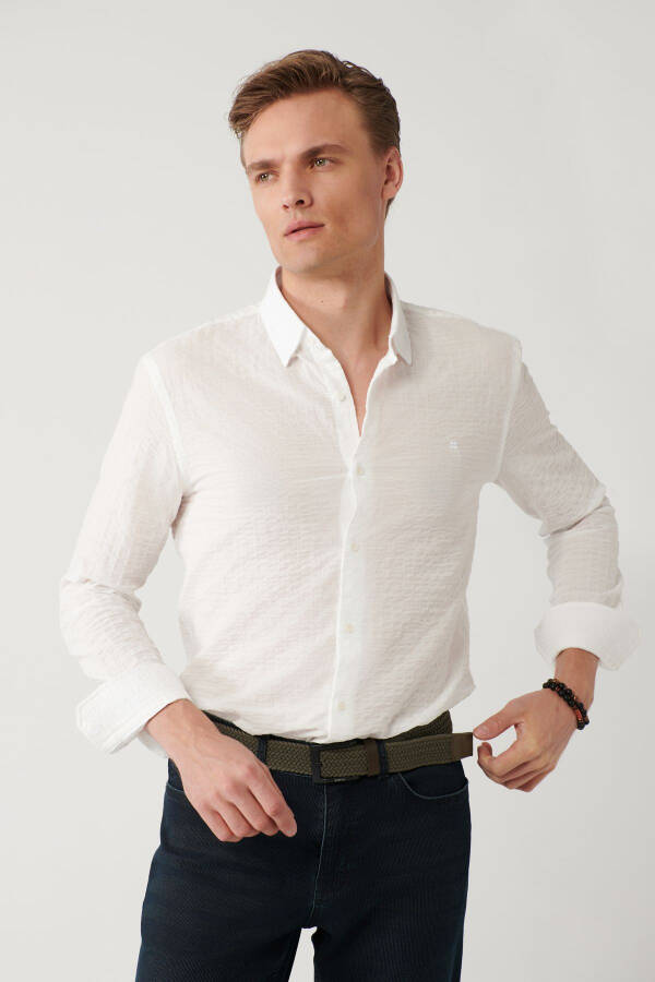 Men's White Shirt with British Collar, Waffle Texture, Regular Fit A41y2060 - 8