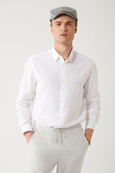 Men's White Shirt with Button-Down Collar, 100% Cotton Jacquard Patterned Slim Fit A32y2175 - 7