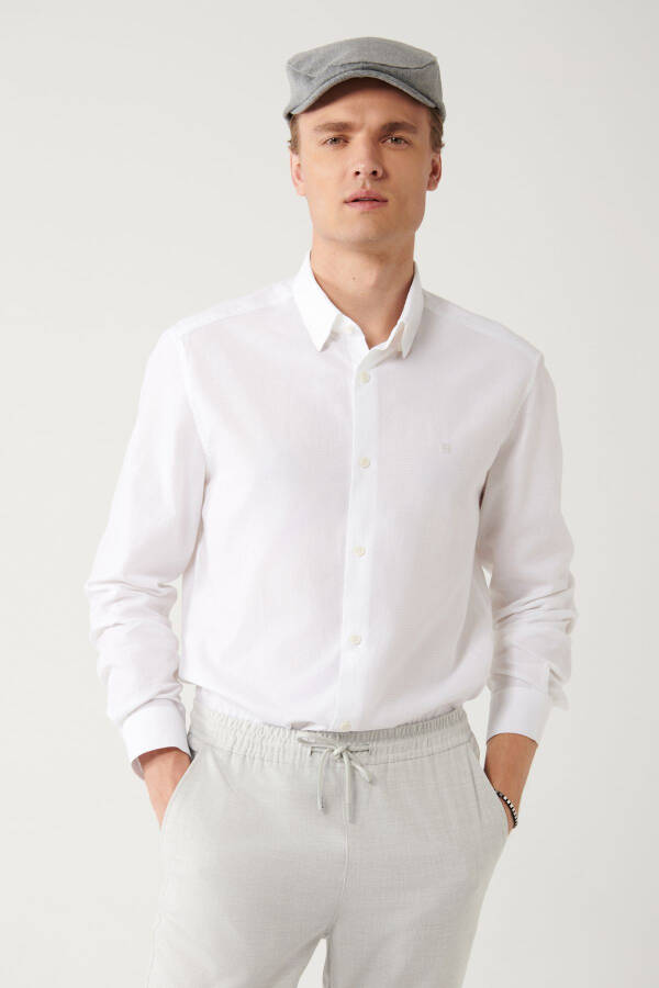 Men's White Shirt with Button-Down Collar, 100% Cotton Jacquard Patterned Slim Fit A32y2175 - 7