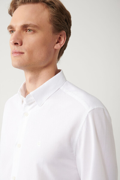 Men's White Shirt with Button-Down Collar, 100% Cotton Jacquard Patterned Slim Fit A32y2175 - 8