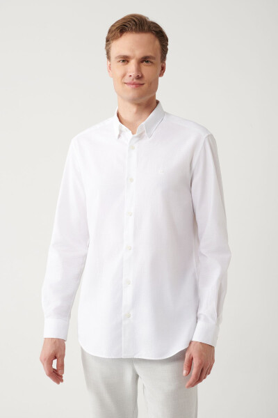 Men's White Shirt with Button-Down Collar, 100% Cotton Jacquard Patterned Slim Fit A32y2175 - 9