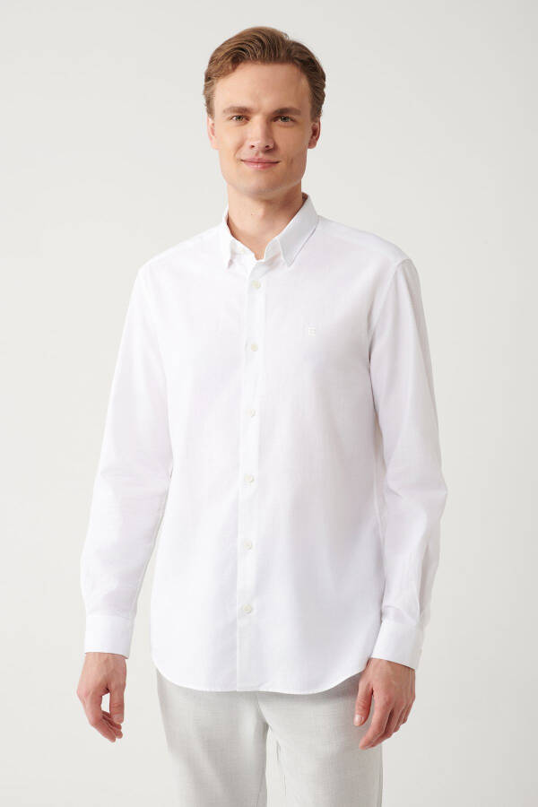 Men's White Shirt with Button-Down Collar, 100% Cotton Jacquard Patterned Slim Fit A32y2175 - 9